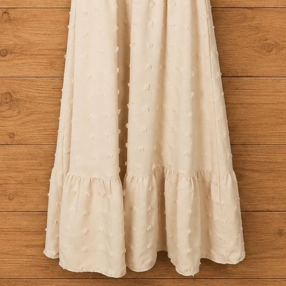 Cream Swiss Dot Maxi Dress Smocked Waist Pearl Button V-Neck Flutter Sleeve - Picture 5 of 8